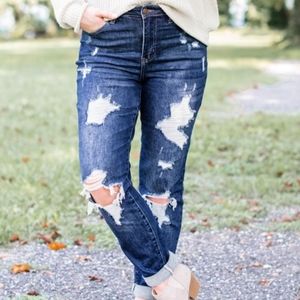 NWT Judy Blue Distressed Dark Wash Boyfriend Jeans Size 1/25